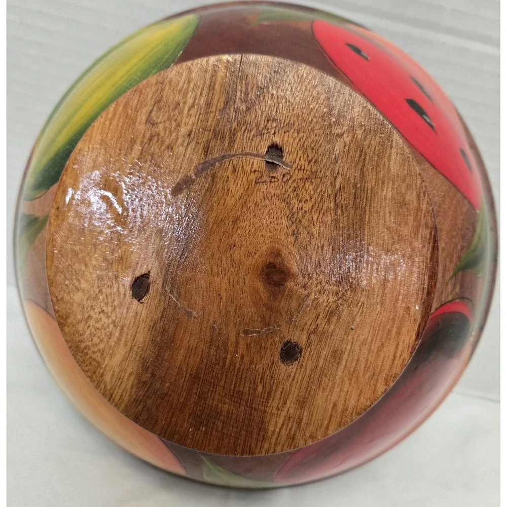 Vtg Hand Painted Mexican Wood Bowl Vibrant Fruit Folk Art Olinala Style Signed